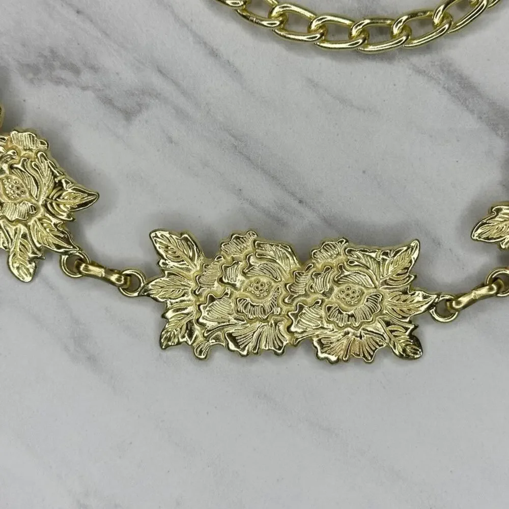 Floral Gold Tone Rose Chain Link Belt One Size (OS) ✨